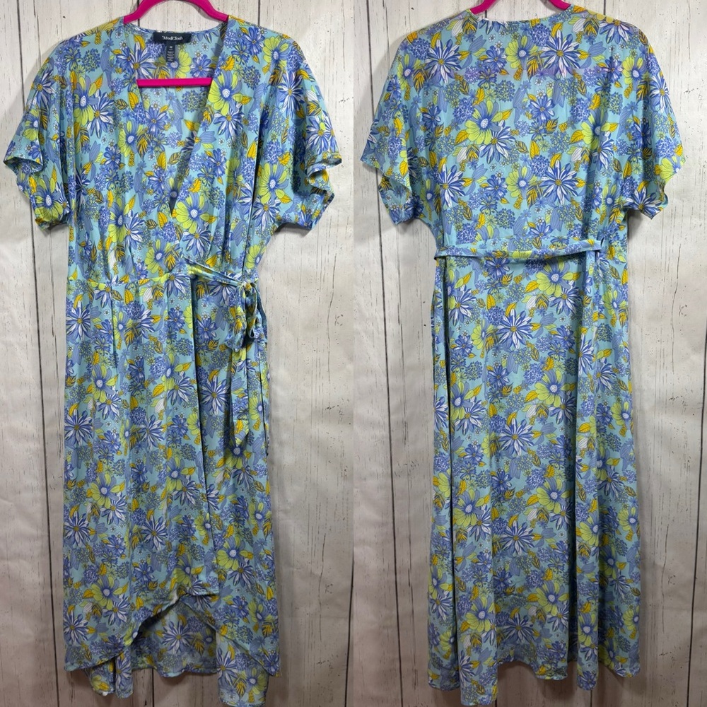 ModCloth Silk Floral Wrap Dress Blue Yellow Cottagecore Romantic Midi Feminine